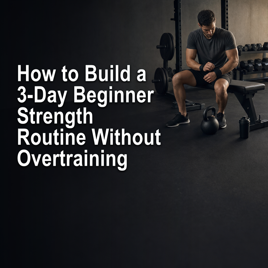 Beginner preparing for a structured three-day strength routine in a dark home gym