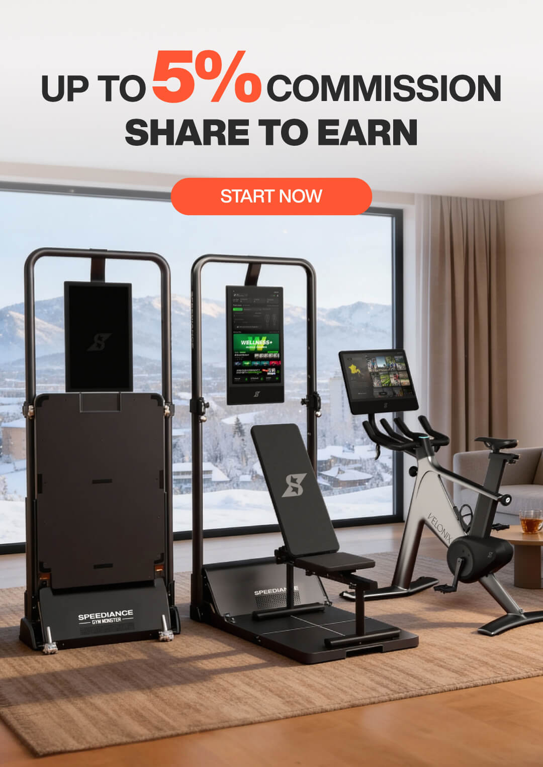 Gym equipment including a treadmill, weight bench, and stationary bike with promotional text overlay.