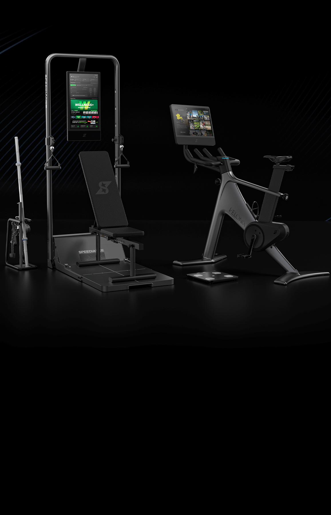 Gym equipment with digital displays on a black background