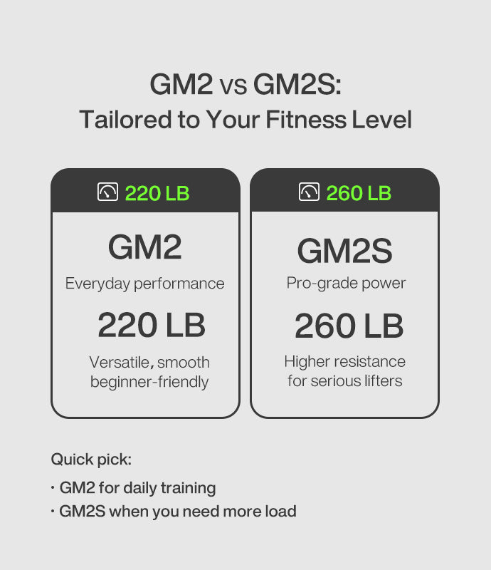 Comparison chart of GM2 and GM2S weight plates with load capacities and descriptions.
