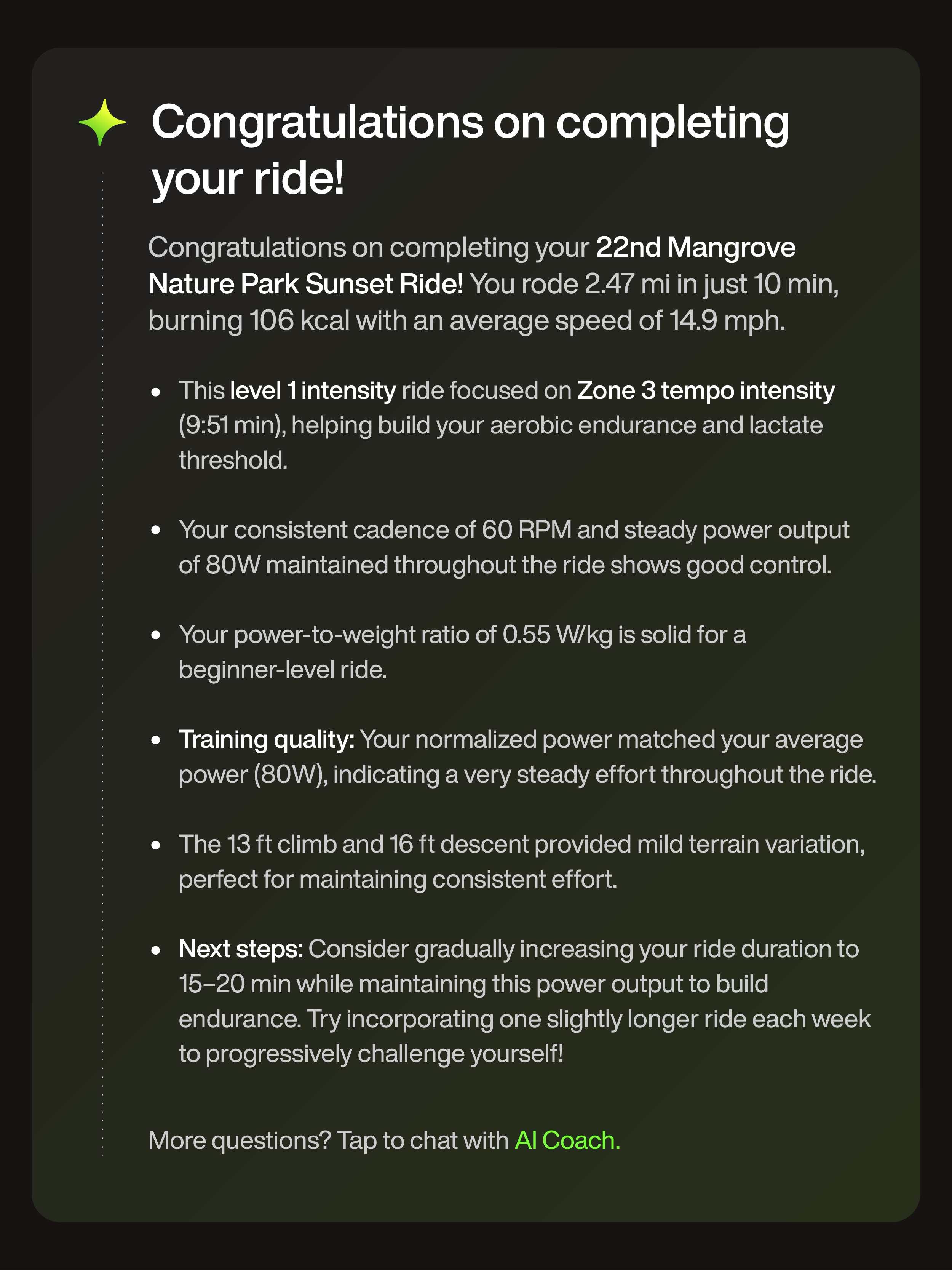 Congratulations message on completing a ride with details about performance and next steps.
