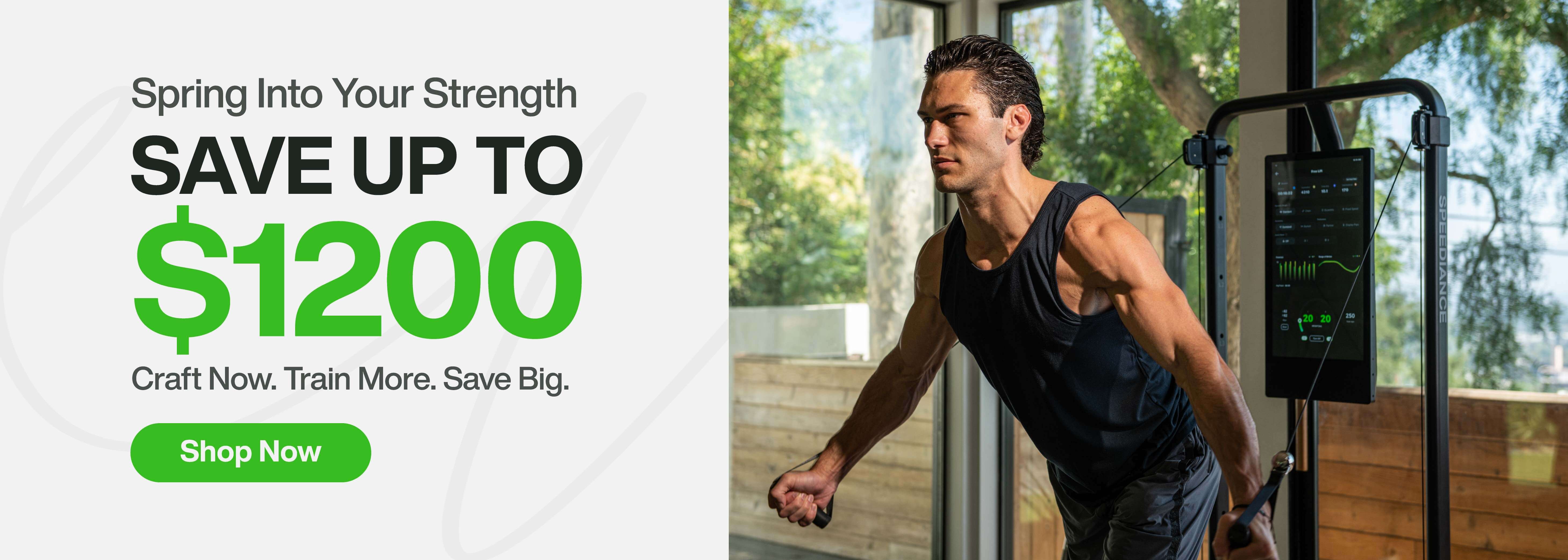 Advertisement for fitness equipment with a man exercising and promotional text on the left.