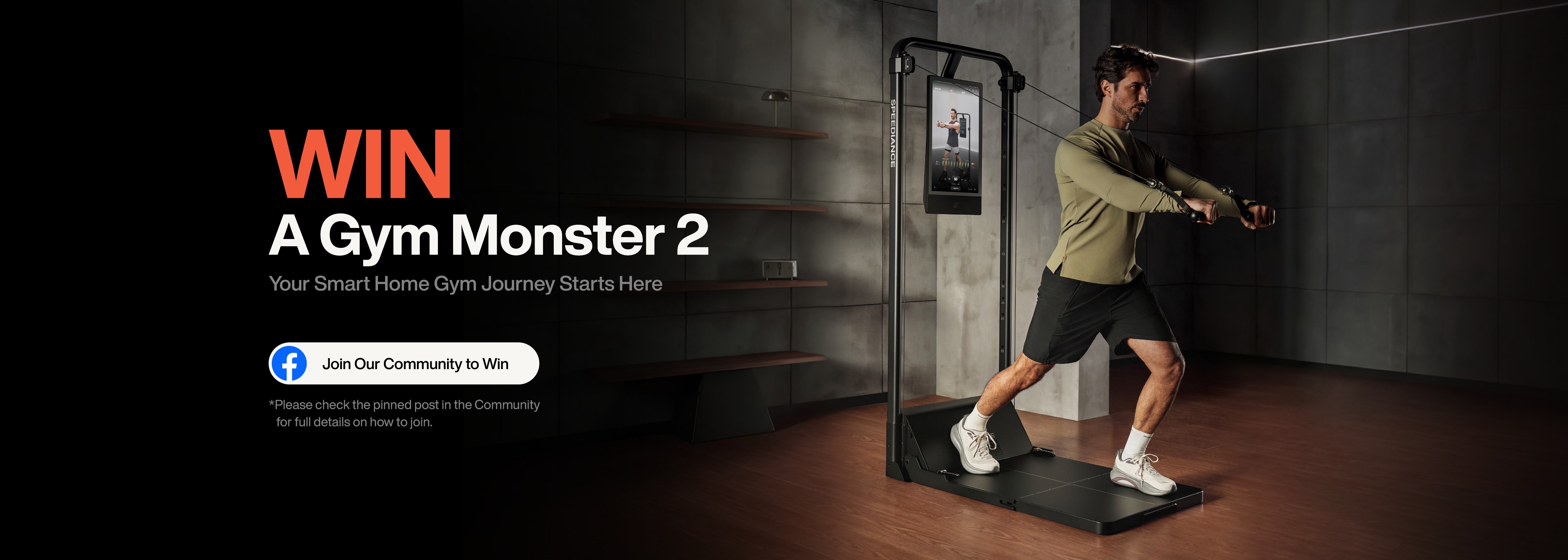 Person using a smart home gym device with promotional text for 'Gym Monster 2' on a dark background.