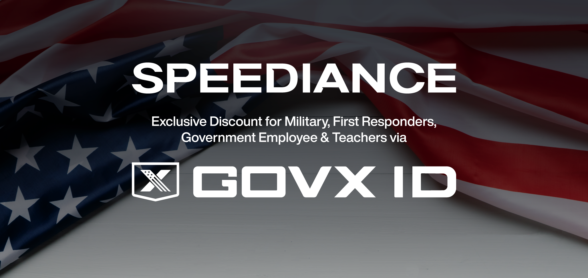 Promotional graphic for Speediance with GOVX ID logo and U.S. flag background