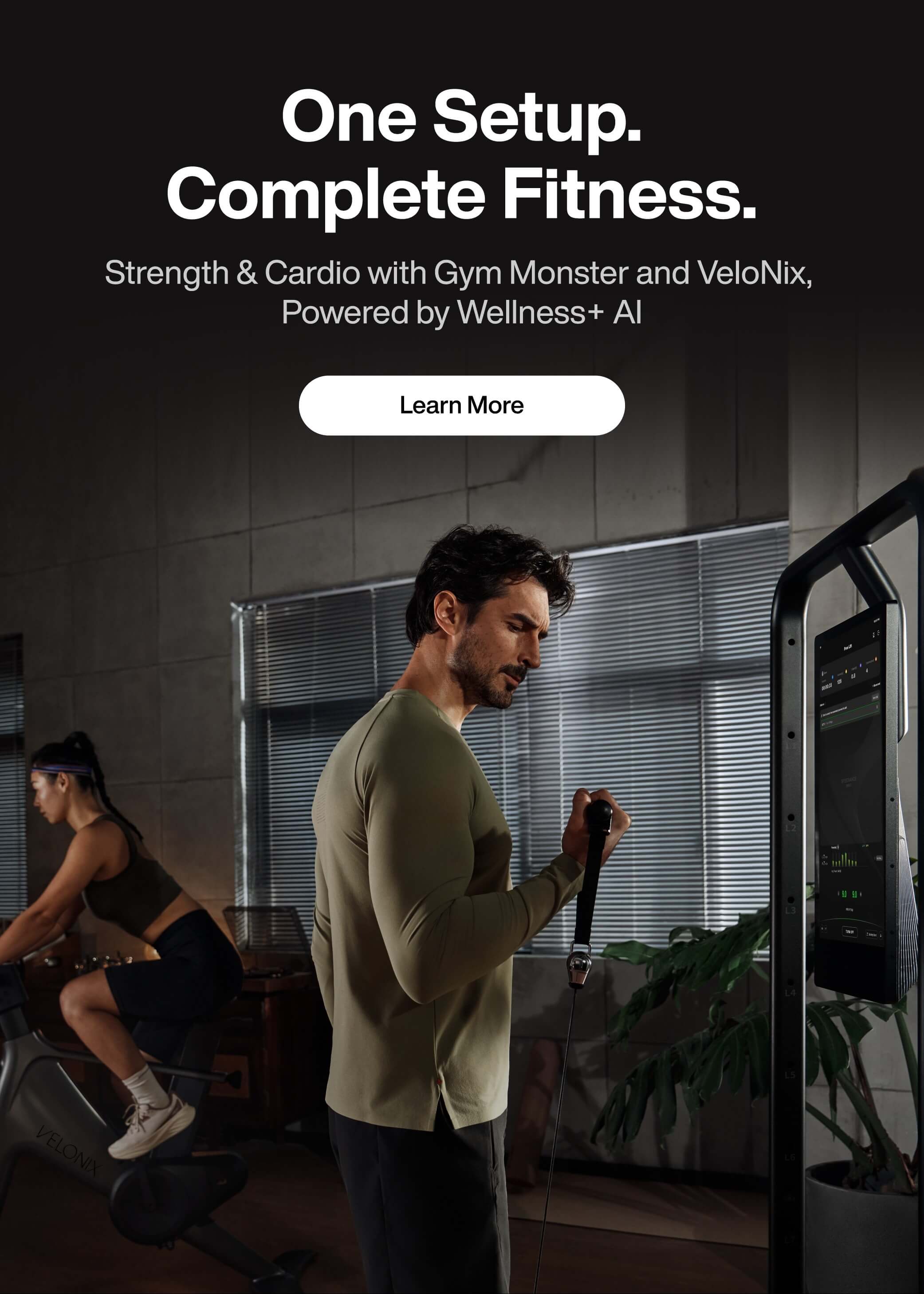 Person using a piece of exercise equipment in a gym setting with promotional text overlay.