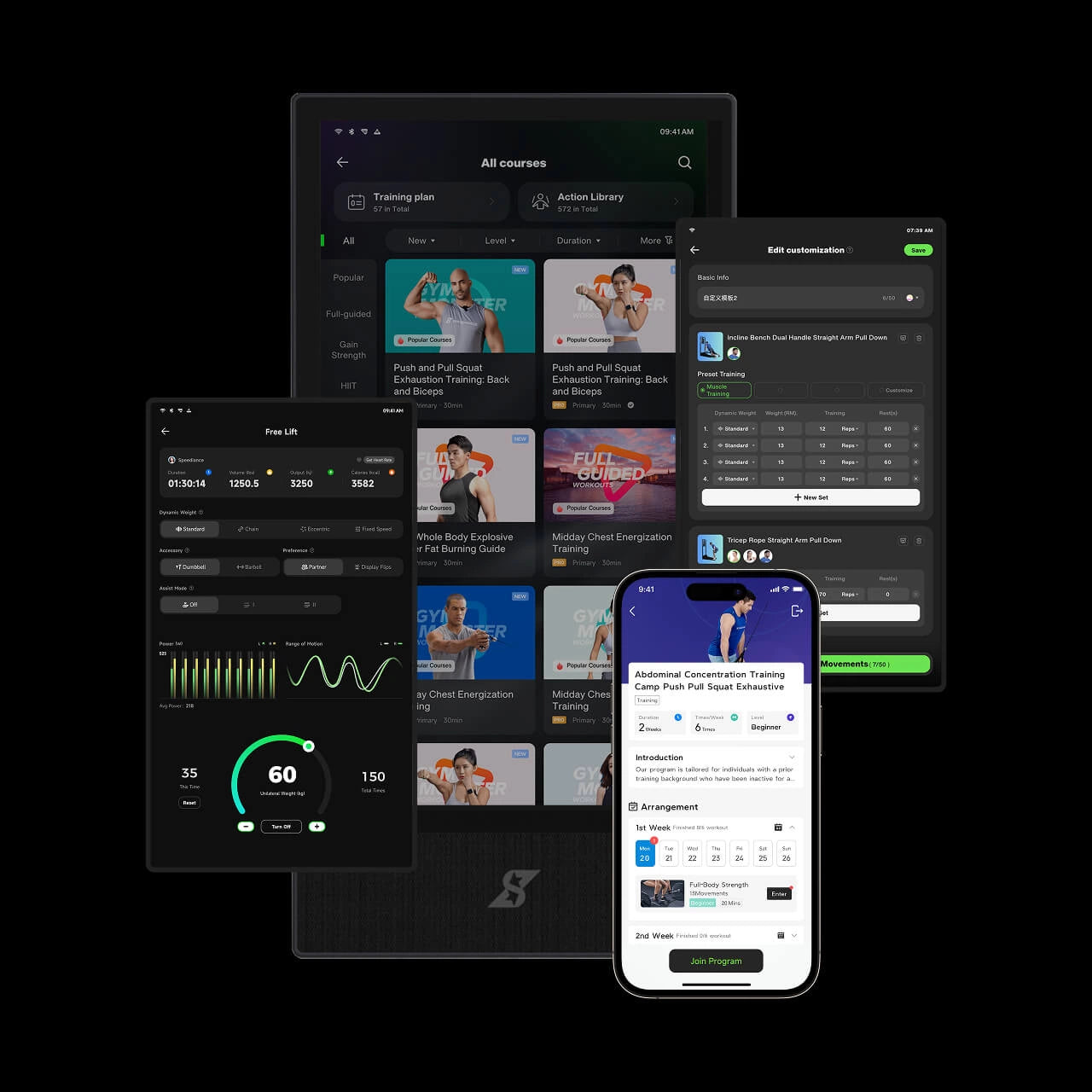 Collection of fitness app interfaces on a black background