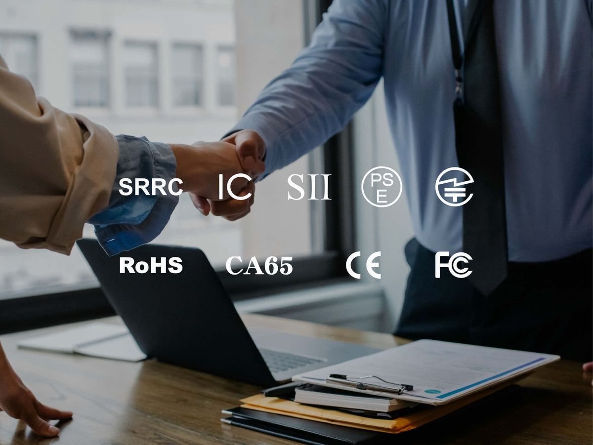 Two people shaking hands with certification logos overlaid on a blurred office background