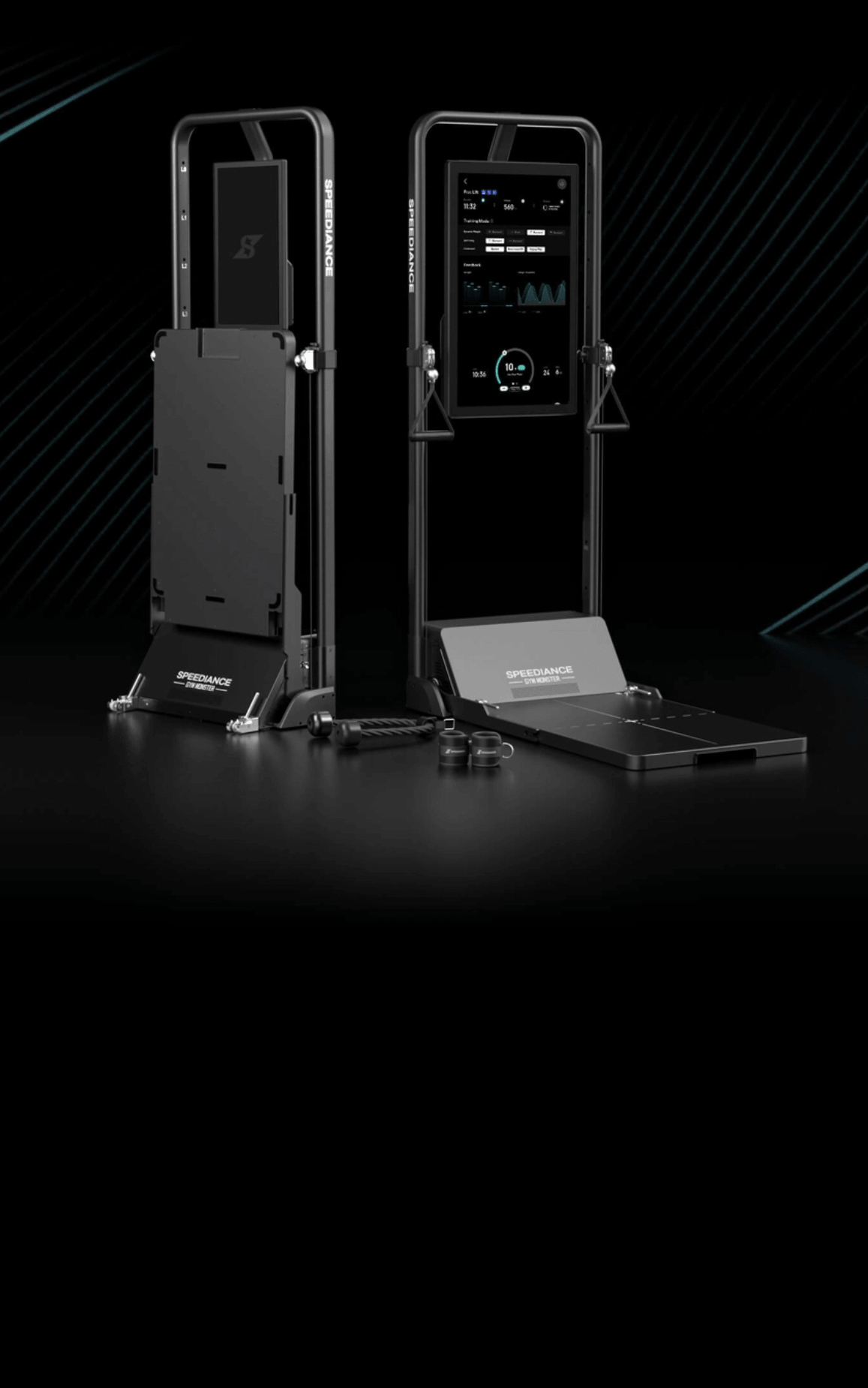 Two electronic devices on stands with a dark background