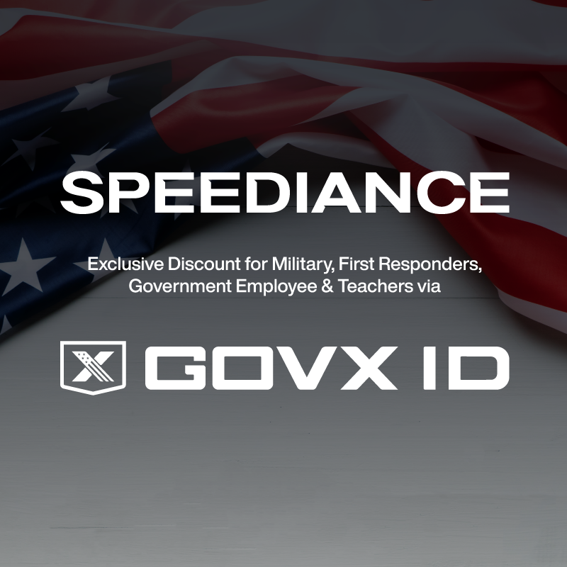 Promotional graphic for Speediance with GOVX ID logo and American flag in the background