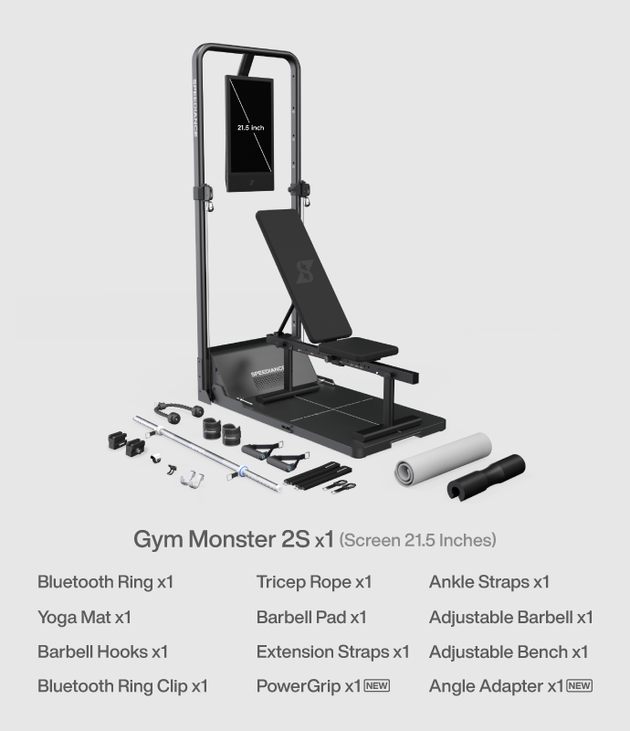 Gym Monster 2S exercise equipment set with various components on a light gray background