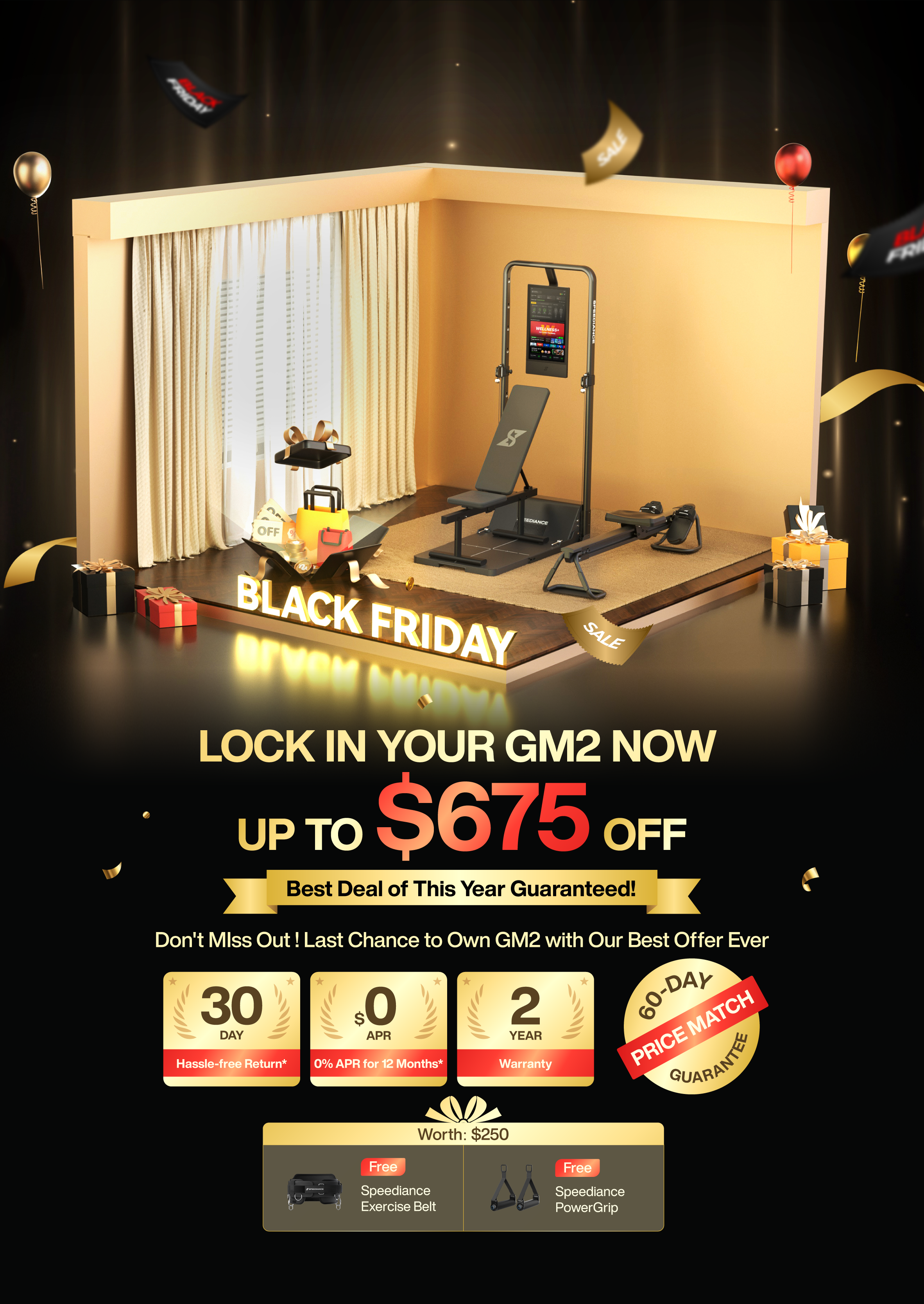Advertisement for a home gym setup with Black Friday promotion text.