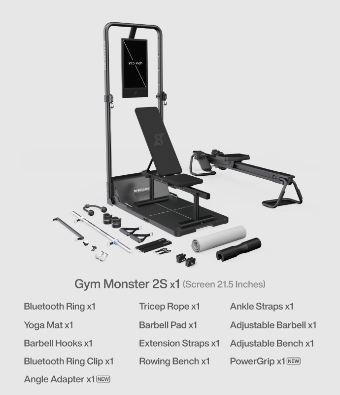 Gym Monster 2S fitness equipment set with components displayed on a light gray background
