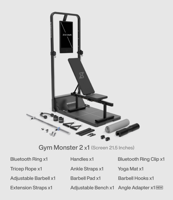 Gym Monster 2 fitness equipment set with components on a light gray background
