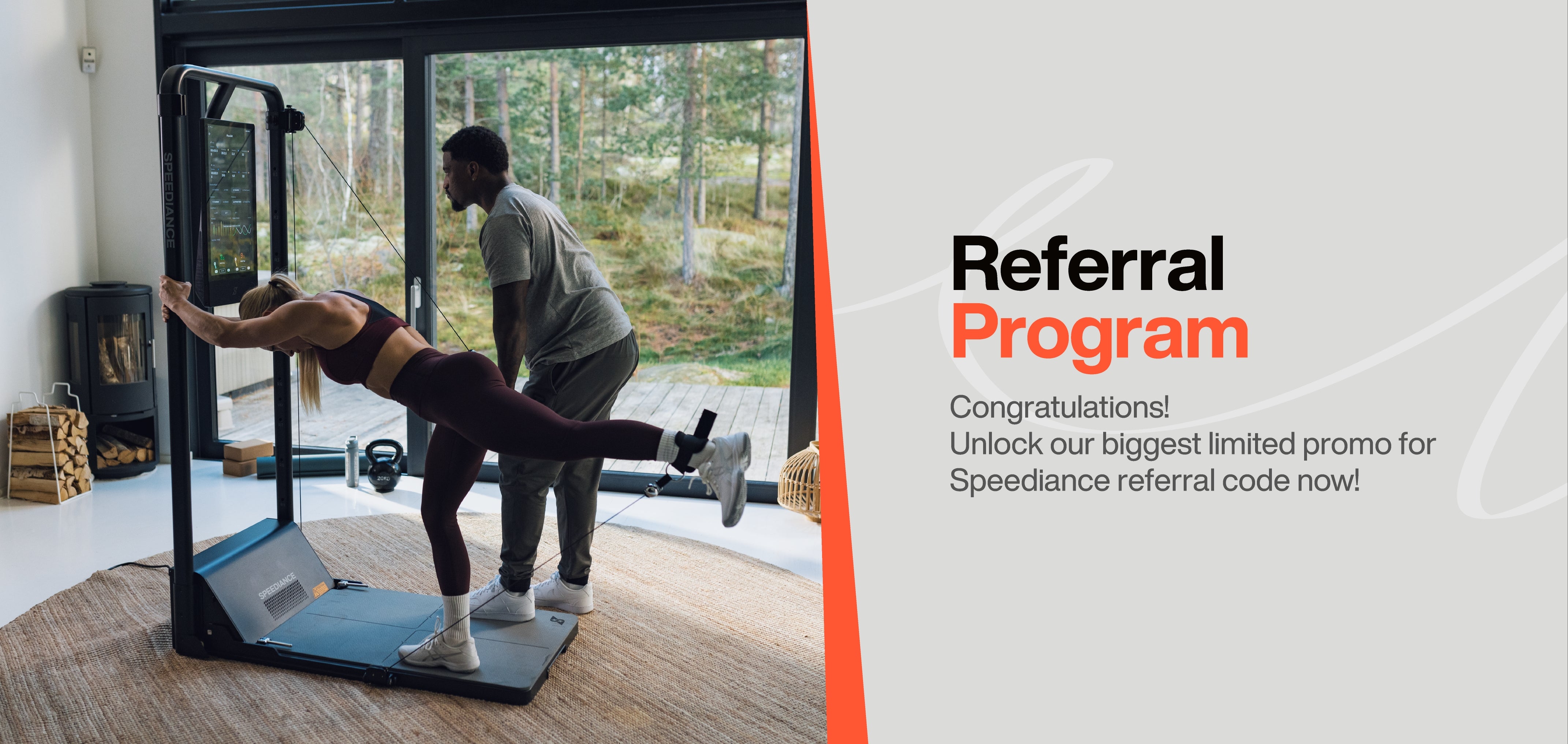 Person using a poleassist machine in a home gym with a referral program promotion.