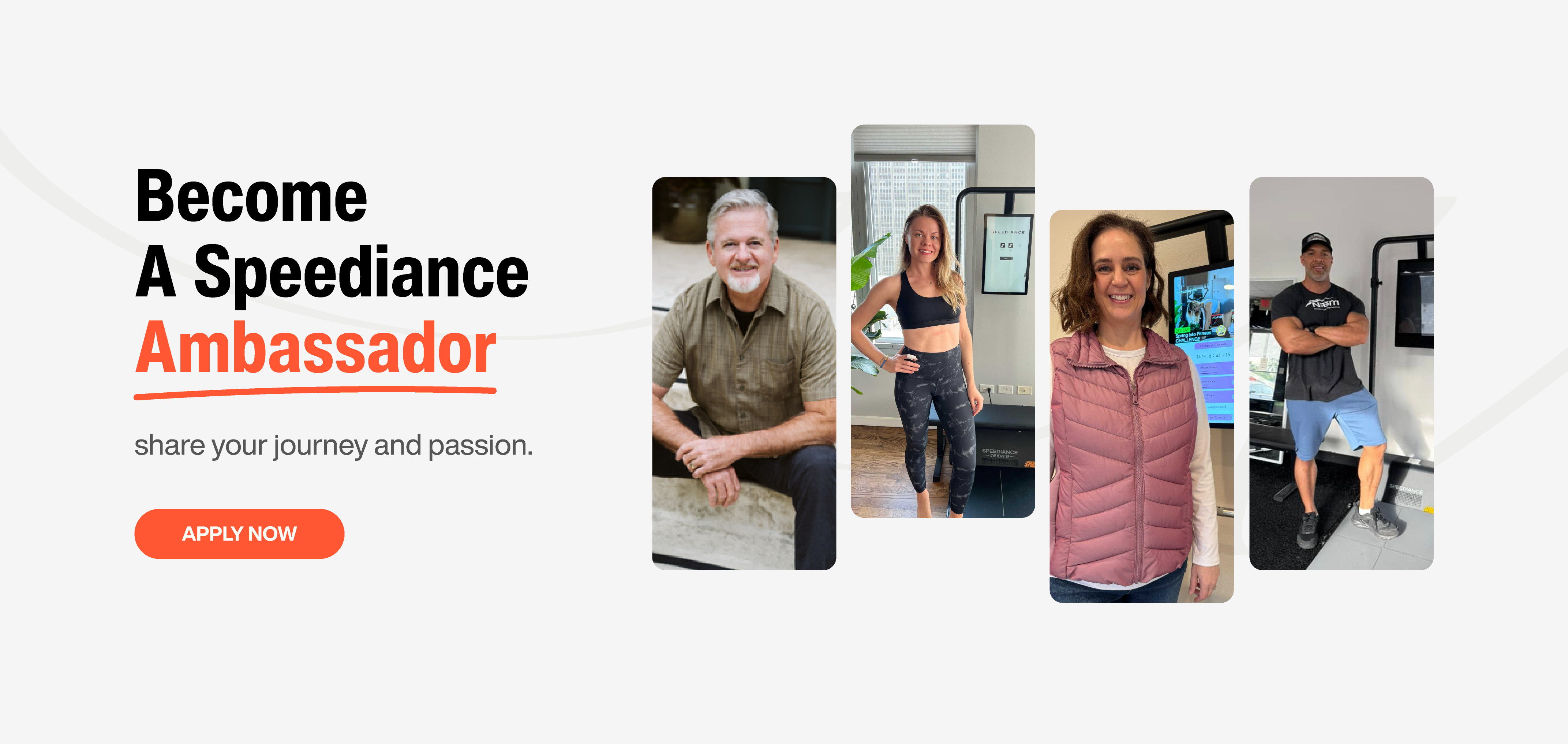 Promotional banner for becoming a Speediance Ambassador with four people shown and an 'Apply Now' button.