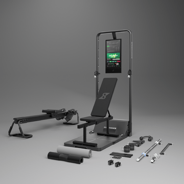 Speediance Gym Monster 2 AI full body workout machine setup with bench, rower, and accessories.