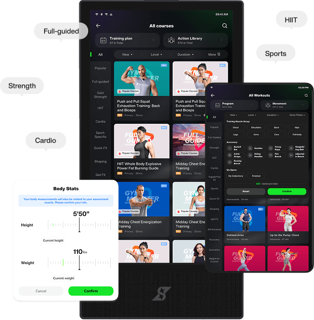 Fitness app interface with workout plans and body stats on a black background