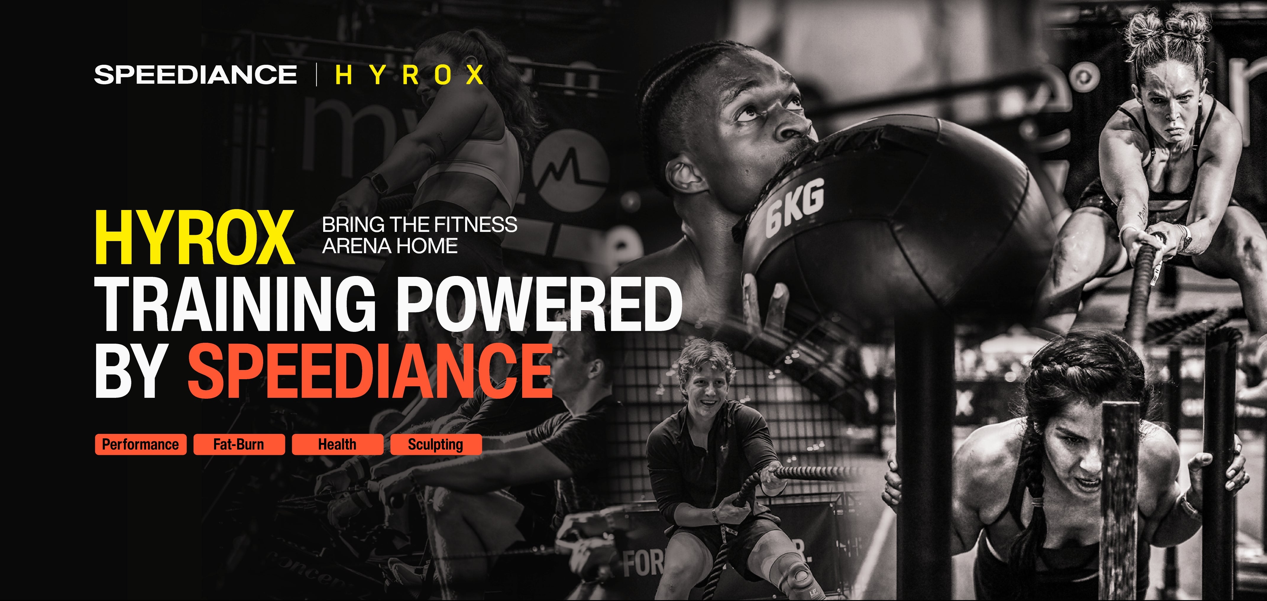 Advertisement for Hyrox training powered by Speediance with people exercising in a gym setting.
